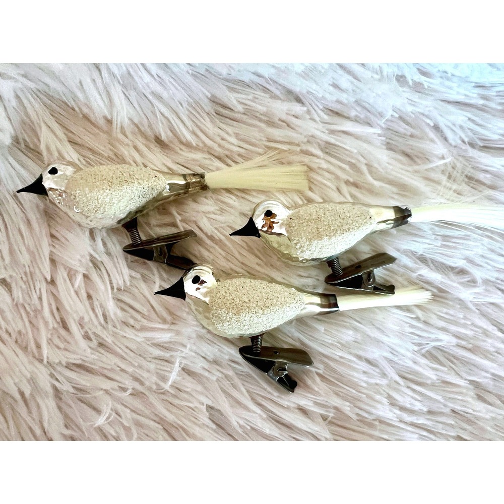 Vintage Mercury Glass Clip On Bird Ornaments White Flocked Christmas Decor Set 3